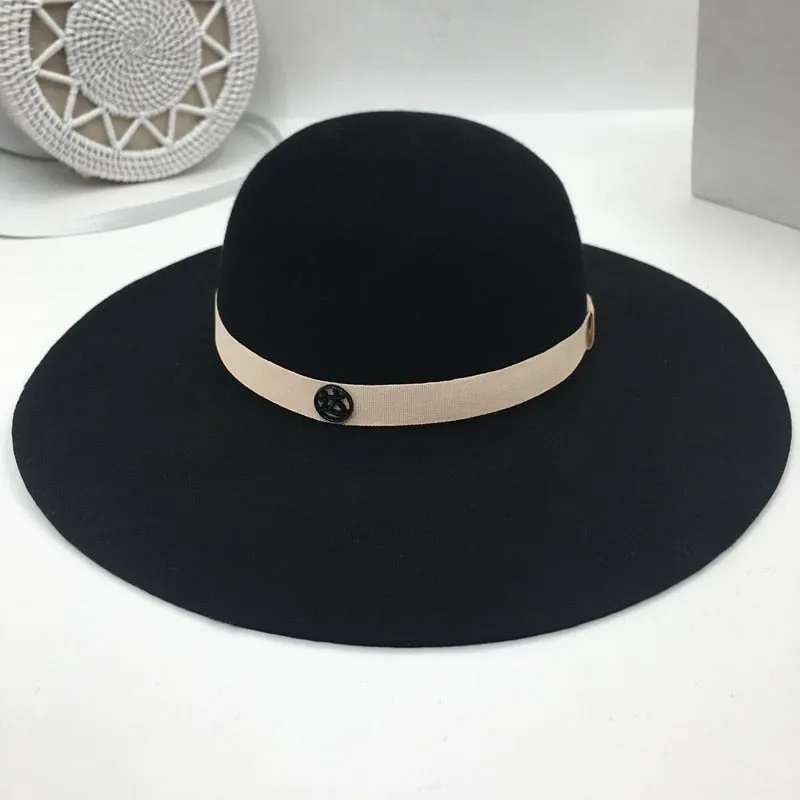 Women's Wool 9 cm Large Ribbon Decor Metal Logo Dome Sun Hat