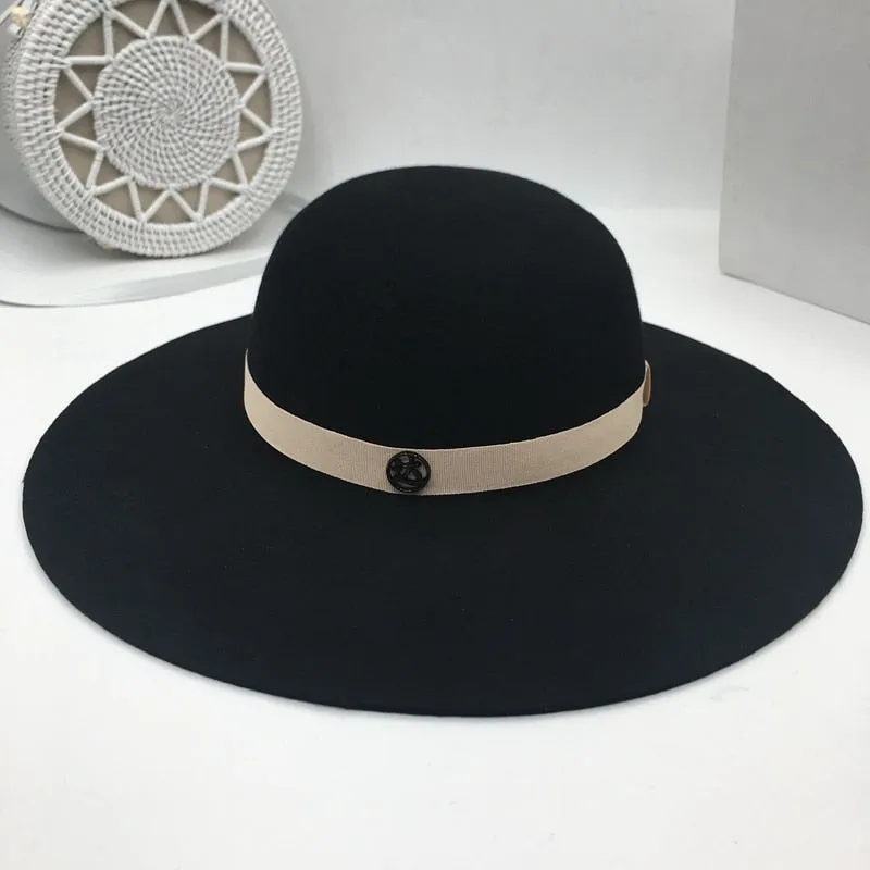 Women's Wool 9 cm Large Ribbon Decor Metal Logo Dome Sun Hat